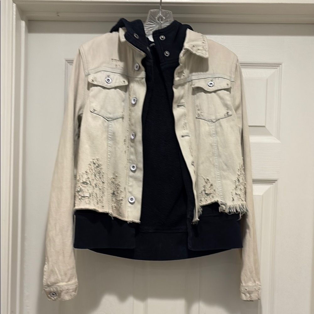 NWOT Free People Distressed Light Denim Jacket w Hooded Terry Lining XS